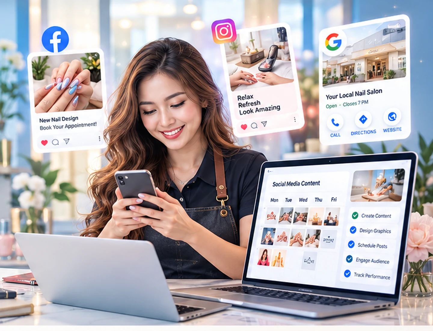 Illustrative concept of a local beauty business owner managing social media content across Facebook, Instagram and Google Business Profile