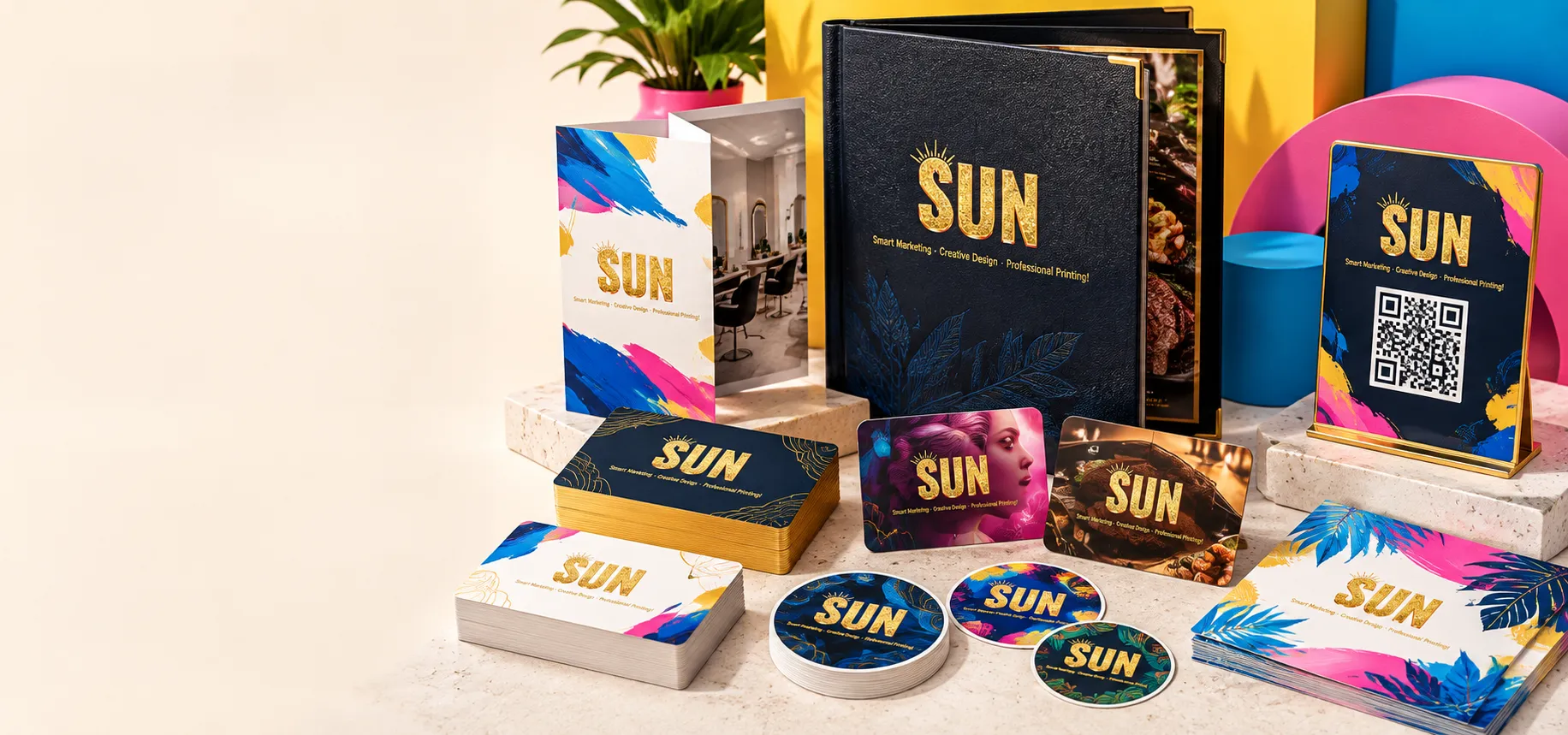 Sun Marketing business cards, menus, gift cards and table display print samples