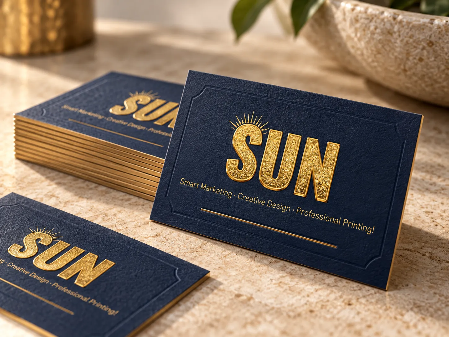 Colorful printed business cards on textured stock