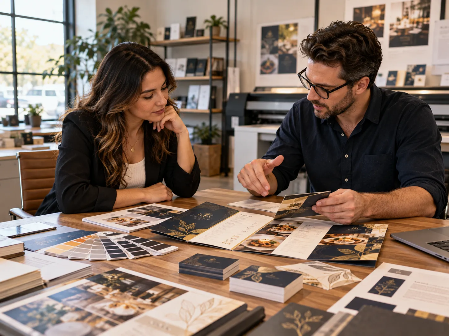 Print design consultation with material samples
