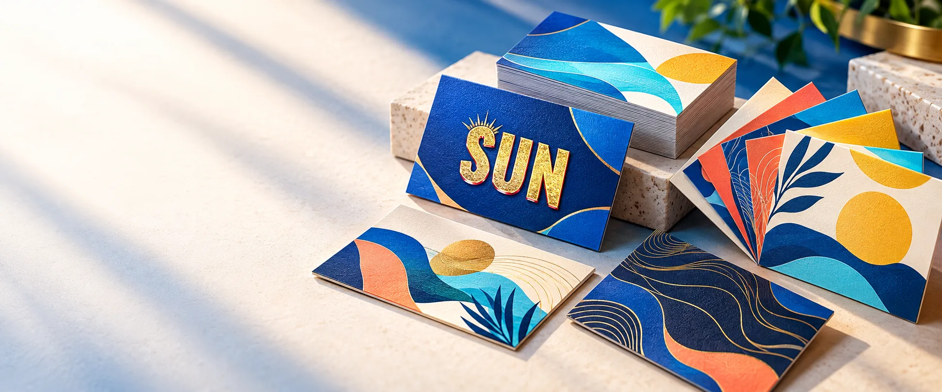 Business cards displayed with colorful print samples