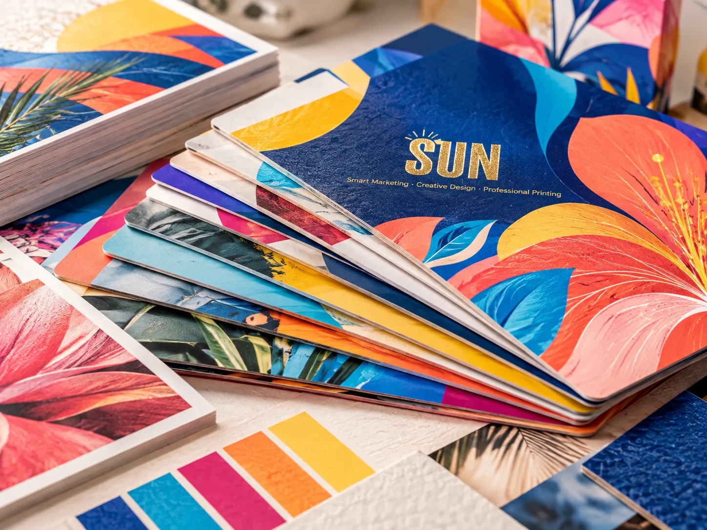 Printed paper samples showing color, texture and finishing detail